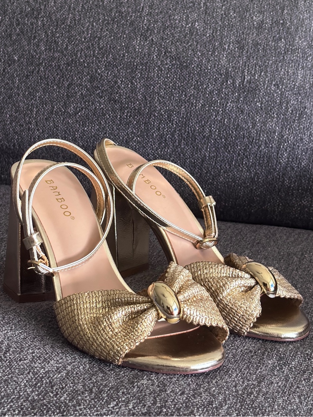 BAMBOO Gold Raffia Strap Block Heel Sandals